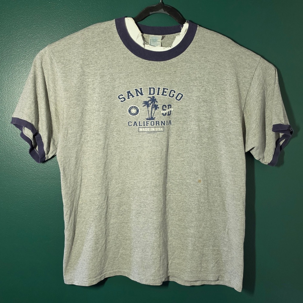 Vintage Delta Pro Weight San Diego California Ringer T-Shirt XL Grey Navy 90s